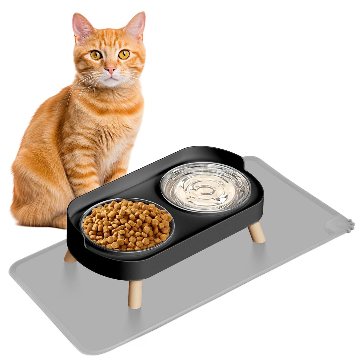 Elevated Cat Bowl, Raised Cat Food and Water Bowl Set for Indoor Cats, Splash Proof with 2 Stainless Steel Pet Food Bowls for Cats and Puppies, Whisker Fatigue and Dishwasher Safe - White