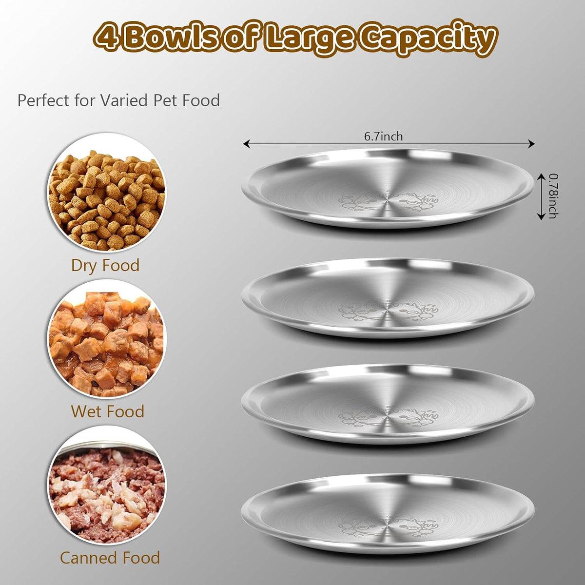 4 Pack Stainless Steel Plates Cat Bowls, 6.7" 13oz Shallow Cat Wet Food Bowl, Whisker Friendly Cat Plates with Non-Slip Bottom, Cute Wide Flat Bowl Cat Kitten Small Dog Metal Dishes for Indoor Feeding
