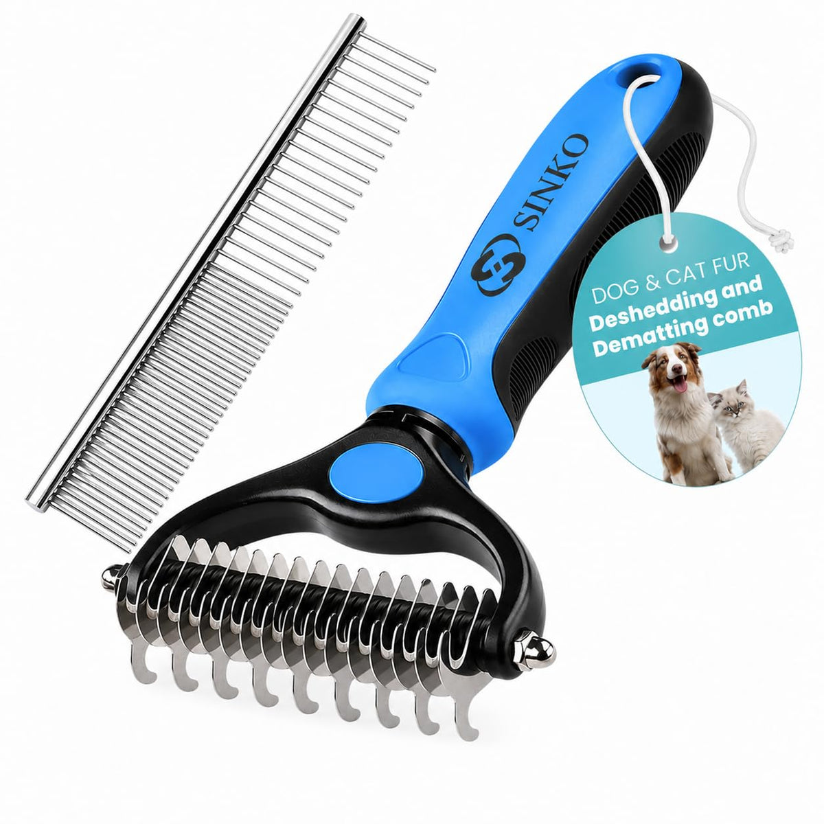 Sinko Shedding Brush for Dog and Cat, Undercoat Rake & Comb with Extra-Wide Double-Sided Stainless Steel Teeth for Deshedding, Brushing, Removing Loose Fur, Knots, Mats & Tangles in Pets (Blue)