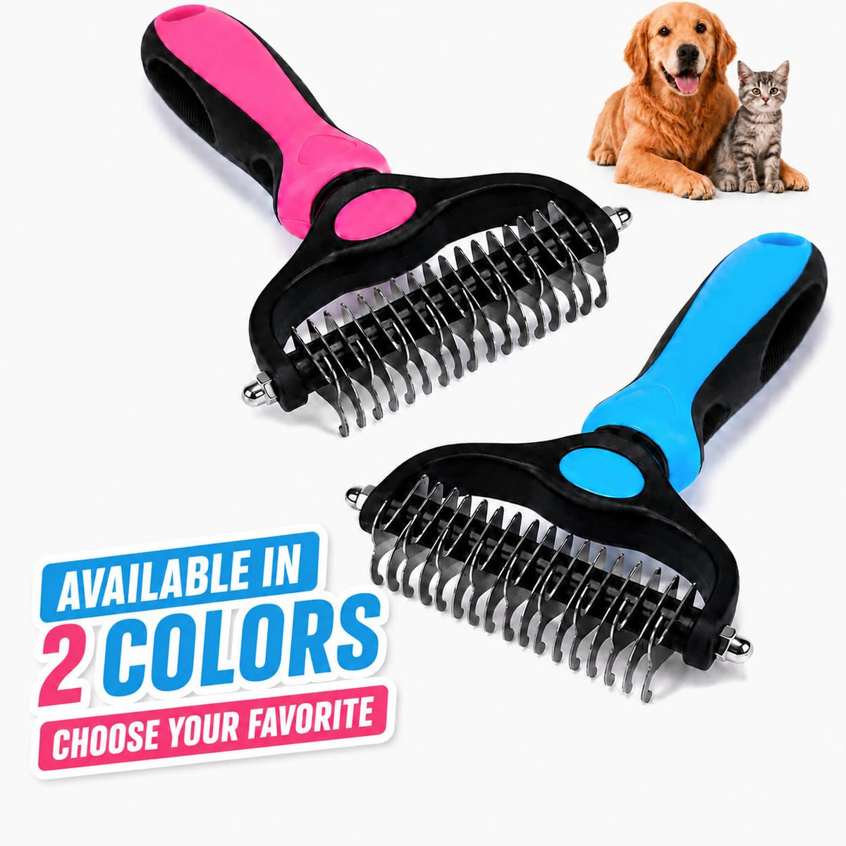 2-in-1 Pet Dematting Comb & Deshedding Tool, Double-Sided Stainless Steel Grooming Rake for Dogs & Cats, Fur Detangler, Non-Slip Handle, Pink