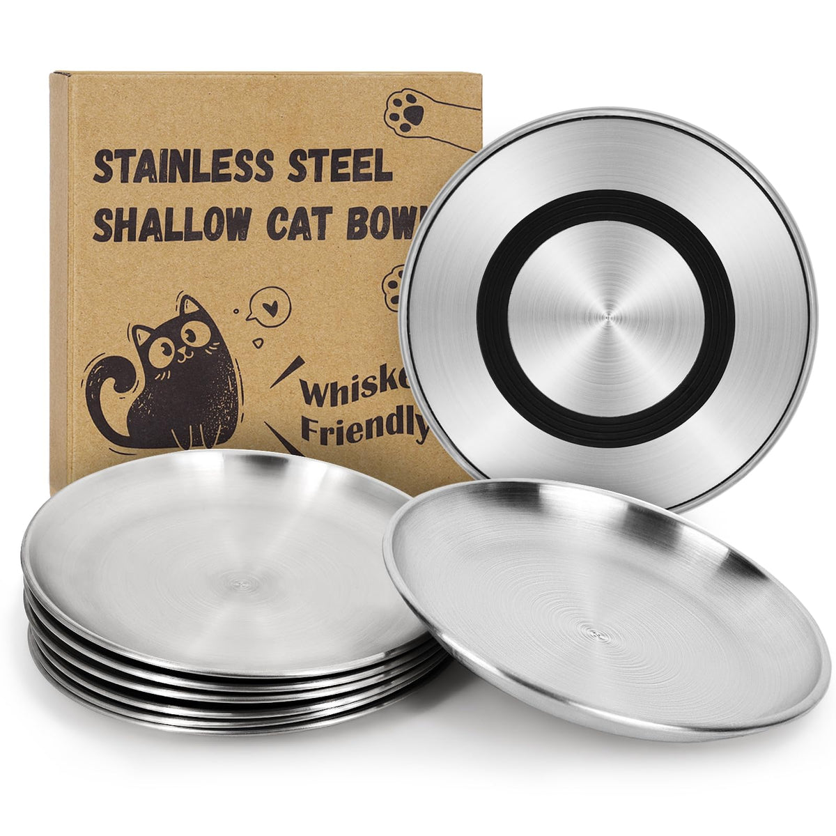 Supet Cat Plates Whisker Friendly, Non Slip Dish for Wet Food, Shallow Wide Flat Bowls Stainless Steel Metal for Indoor Cats, Kitten, Small Dog (13Oz, 2Pcs)