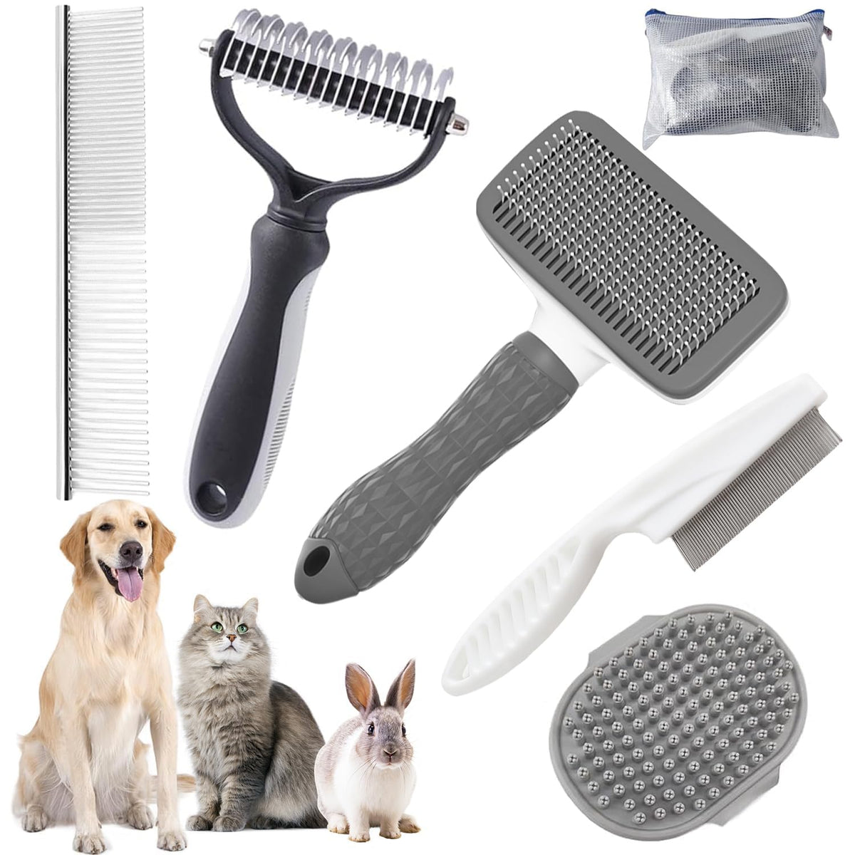 Dog Brush for Shedding,6 PCS in One Pet Slicker Hair Brush Kit Organizer Bag - Dog Cat Grooming Deshedding Undercoat Rake Brush Comb for All Small Large Dogs Cats Pink