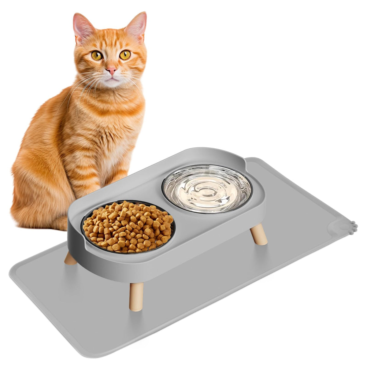 Elevated Cat Bowl, Raised Cat Food and Water Bowl Set for Indoor Cats, Splash Proof with 2 Stainless Steel Pet Food Bowls for Cats and Puppies, Whisker Fatigue and Dishwasher Safe - White