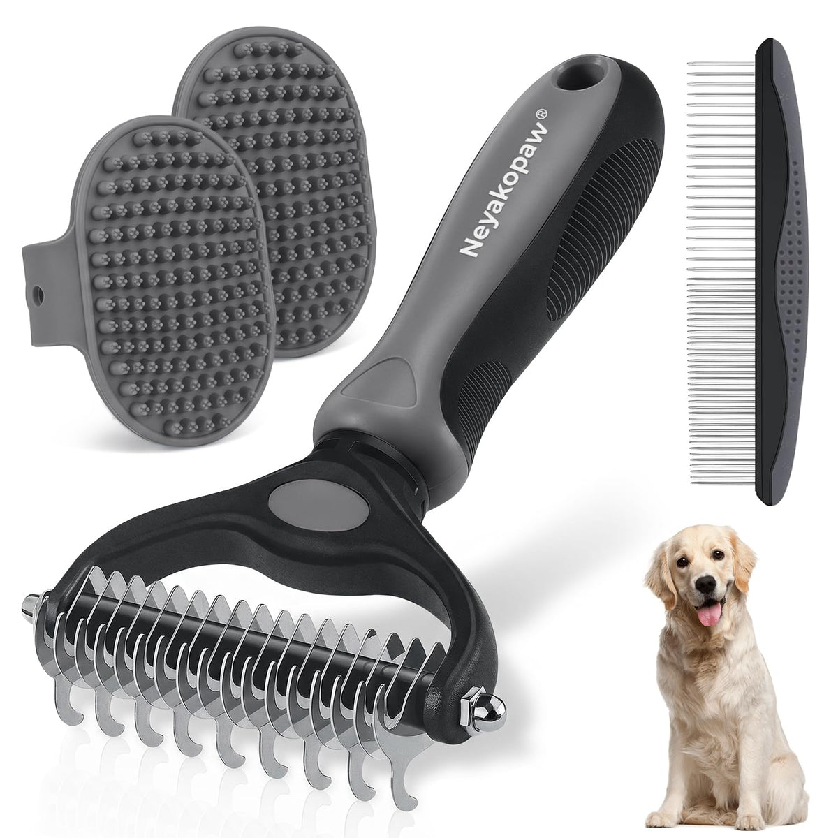 Pet Grooming Rake for Dogs and Cats - Double-Sided Deshedding Dematting Tool, 4-in-1 Undercoat Rake & Metal Comb for Long and Short Haired Pets, Reduces Shedding by 95%, 4Pack