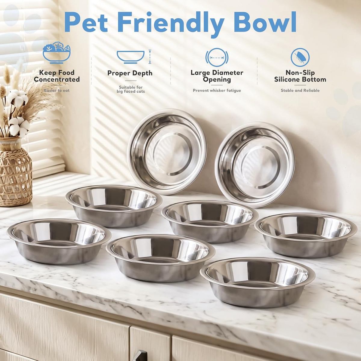 8Pcs Stainless Steel Cat Bowls, Cat Food Bowl with Non-Slip Silicone Bottom