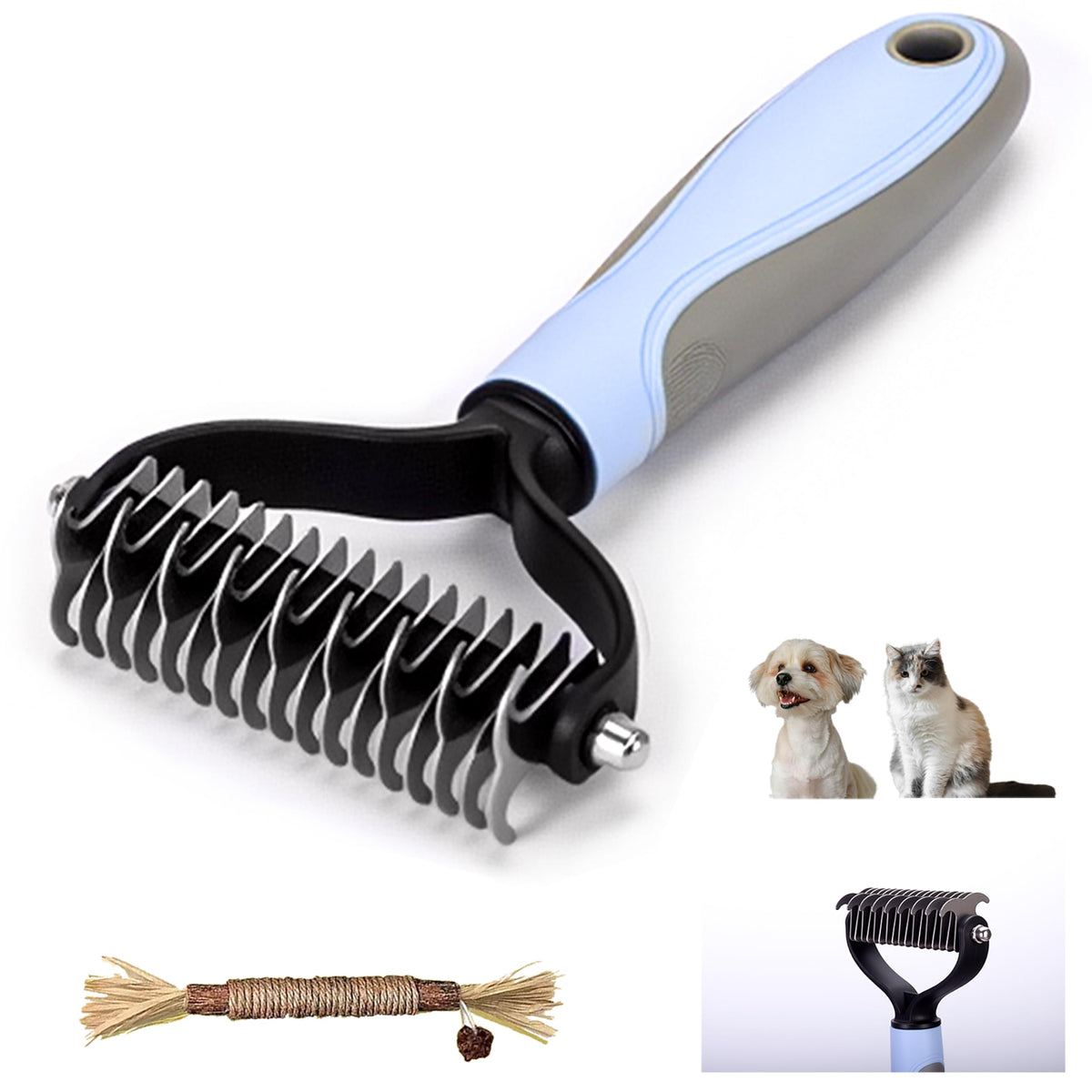 Double Sided Dematting Comb for Dogs & Cats - 2-in-1 Undercoat Rake & Double Coat Dog Brush, Pet Grooming Tool for Removing Mats & Deshedding (Blue)