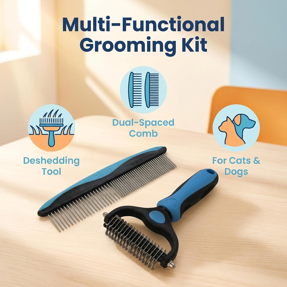 Dog Cat Grooming Brush Comb, 2-in-1 Deshedding Undercoat Rake