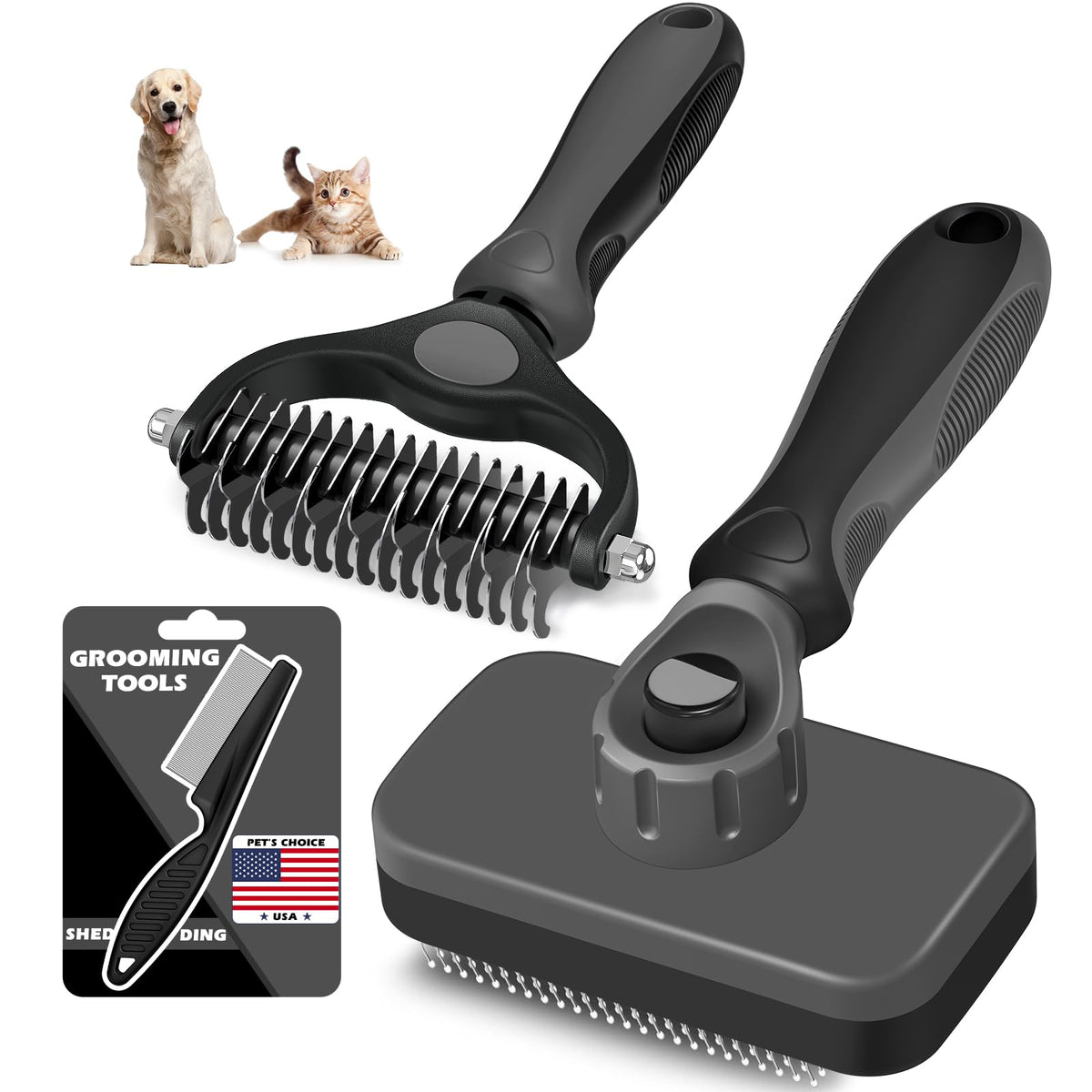 Professional 3PCS Self Cleaning Slicker Brush & Pet Grooming Rake & Flea Comb for Dogs,Cats and Horses | Double-Sided Dematting Comb & Skin Friendly Deshedding Grooming Tool (Red)