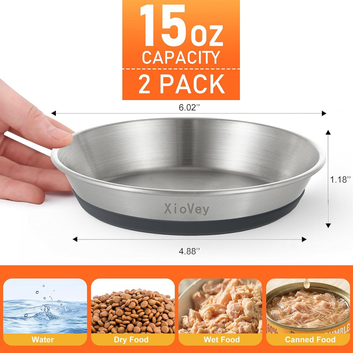 2 Pack Grey 304 Stainless Steel Shallow Whisker Fatigue Cat Bowls