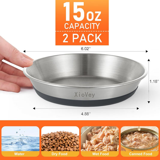 2 Pack Grey 304 Stainless Steel Shallow Whisker Fatigue Cat Bowls