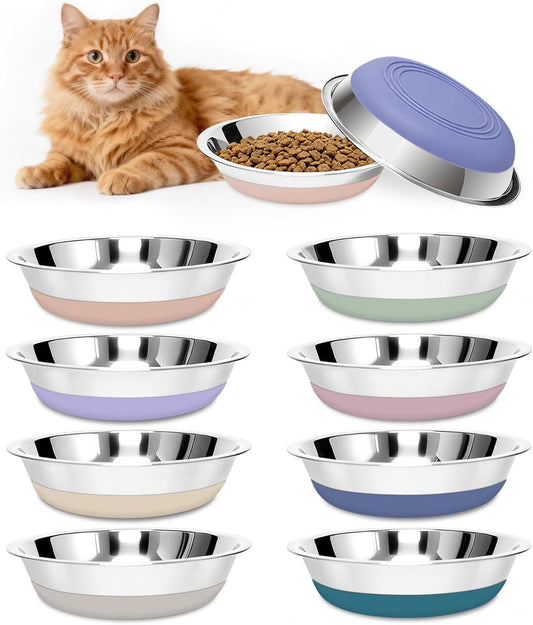 [8 Pack] Stainless Steel Cat Bowls, Cat Dishes Whisker Friendly with Non-Slip Silicone Bottom, Easy to Clean, 5.5" Shallow Wide Cat Food and Water Feeding Bowl for Indoor Outdoor Cats