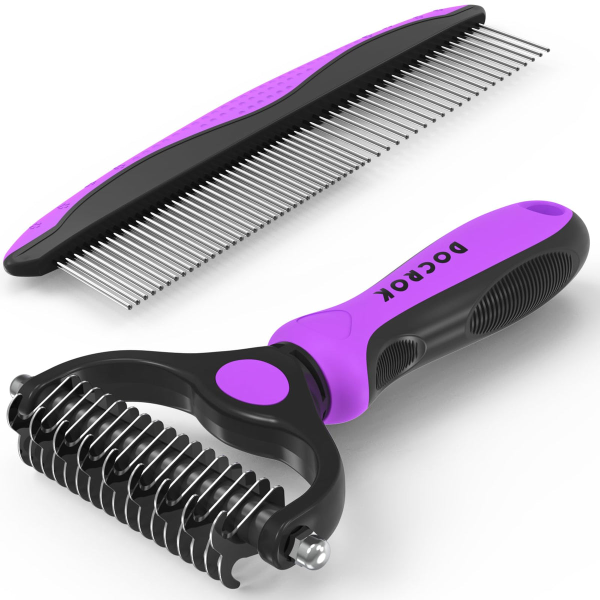 Docrok Pet Grooming Combo - Blue Deshedding Brush with Metal Comb for Detangling and Dematting Long, Matted Fur on Cats and Dogs