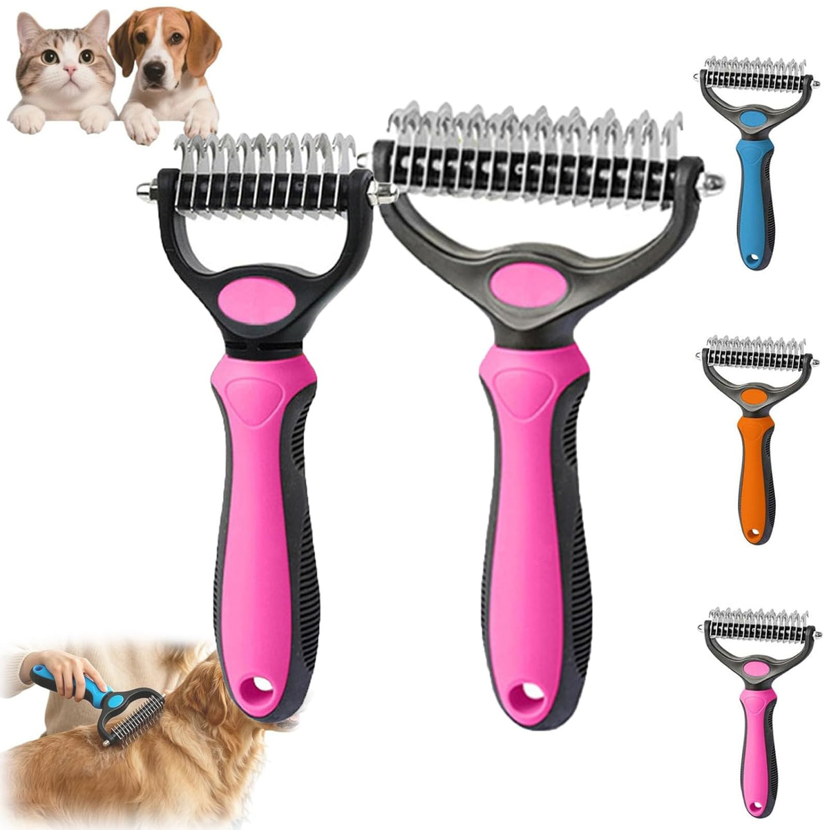 Pet Pro Grooming Tool, 2-in-1 Deshedding Dog Brush with 9/21 Teeth Undercoat Rake for Dogs & Cats, Dual-Sided Stainless Steel Pet Comb for Long Hair & Thick Coats