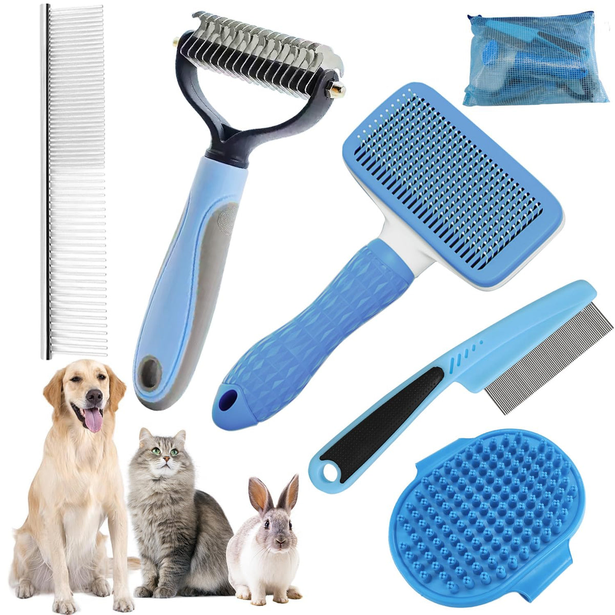 Dog Brush for Shedding,6 PCS in One Pet Slicker Hair Brush Kit Organizer Bag - Dog Cat Grooming Deshedding Undercoat Rake Brush Comb for All Small Large Dogs Cats Pink