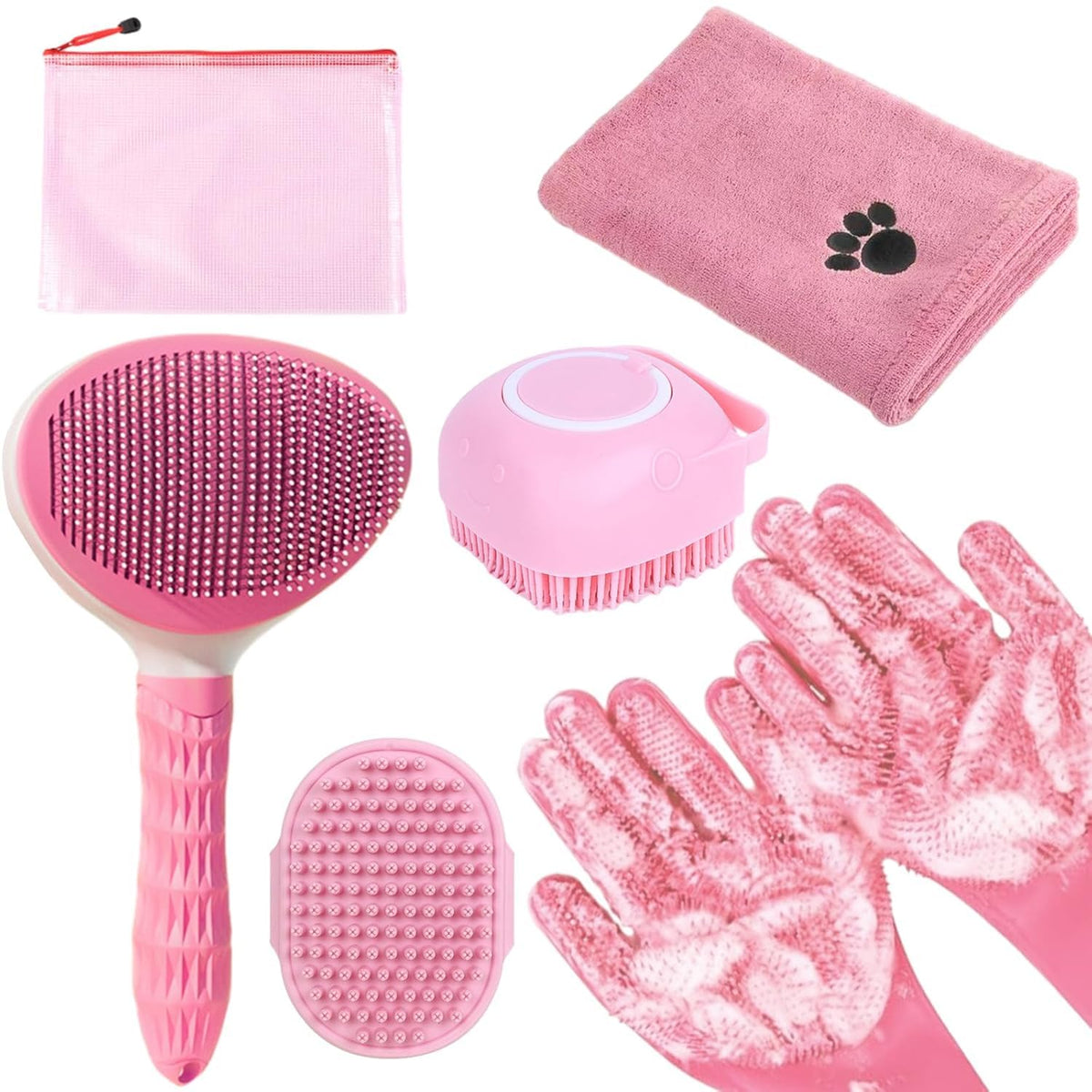 Dog Brush for Shedding,6 PCS in One Pet Slicker Hair Brush Kit Organizer Bag - Dog Cat Grooming Deshedding Undercoat Rake Brush Comb for All Small Large Dogs Cats Pink