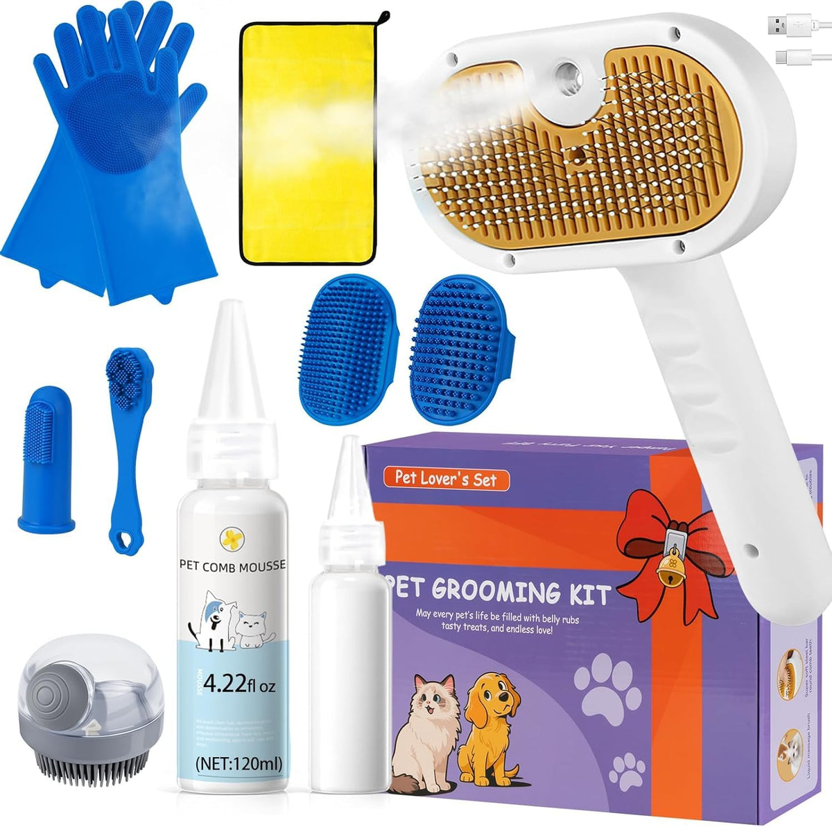 Pet Steam Brush for Dog, cat brushes for indoor cats - 1 Waterless Shampoo