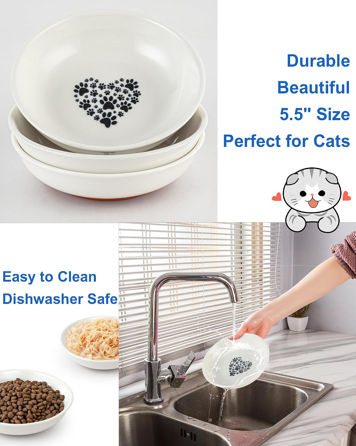 Ceramic Cat Bowl Whisker Friendly, Non-Slip Cat Food Bowls 3-Pack