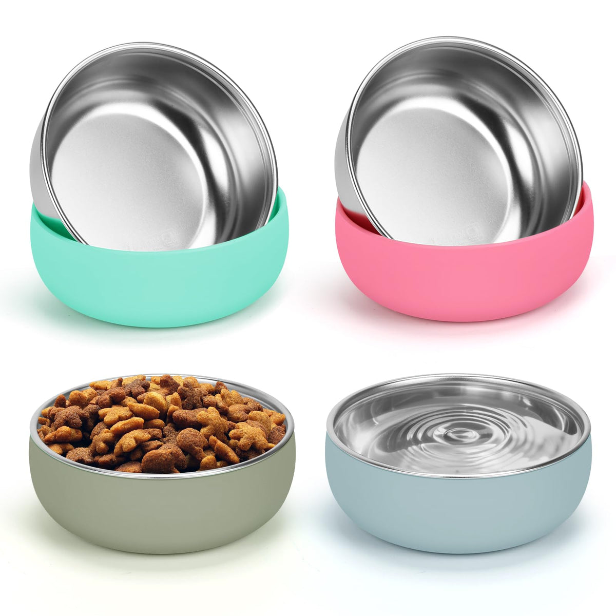 Non-Slip Stainless Steel Cat Bowls, 2 Pack Cat Dishes for Food and Water with Detachable Colorful Silicone Anti-Slip Bottom, 5 '' Wide Thick & Heavy Duty Metal Pet Bowls for Kitten, Cats and Puppy