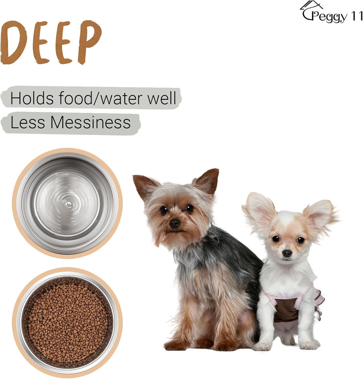 PEGGY11 Deep Stainless Steel Dog Bowls, 2 US Cup Each, 2-Pack