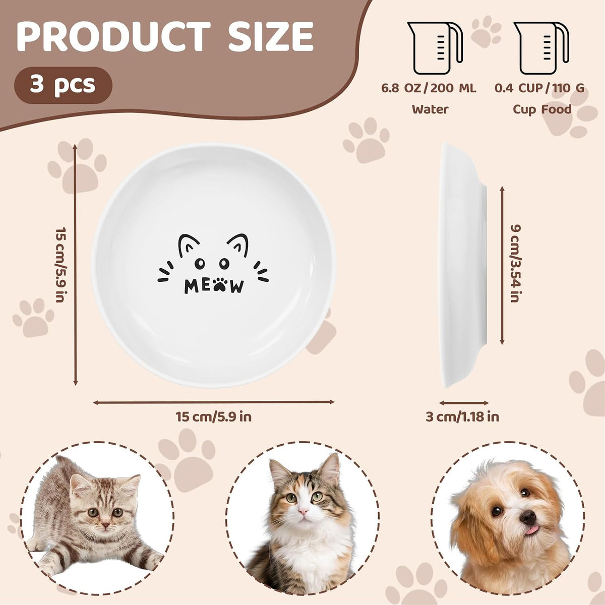 YINEYA 3 Pack Cat Food Bowls, Anti Whisker Fatigue Ceramic Cats Dishes Set