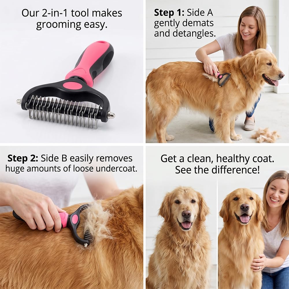 Dematting Comb for Dogs and Cats, Undercoat Rake Pet Brush for Long Hair, Deshedding Dog Brush Removes Tangles Knots and Loose Fur, Grooming Tool for Thick Coats (Blue L)