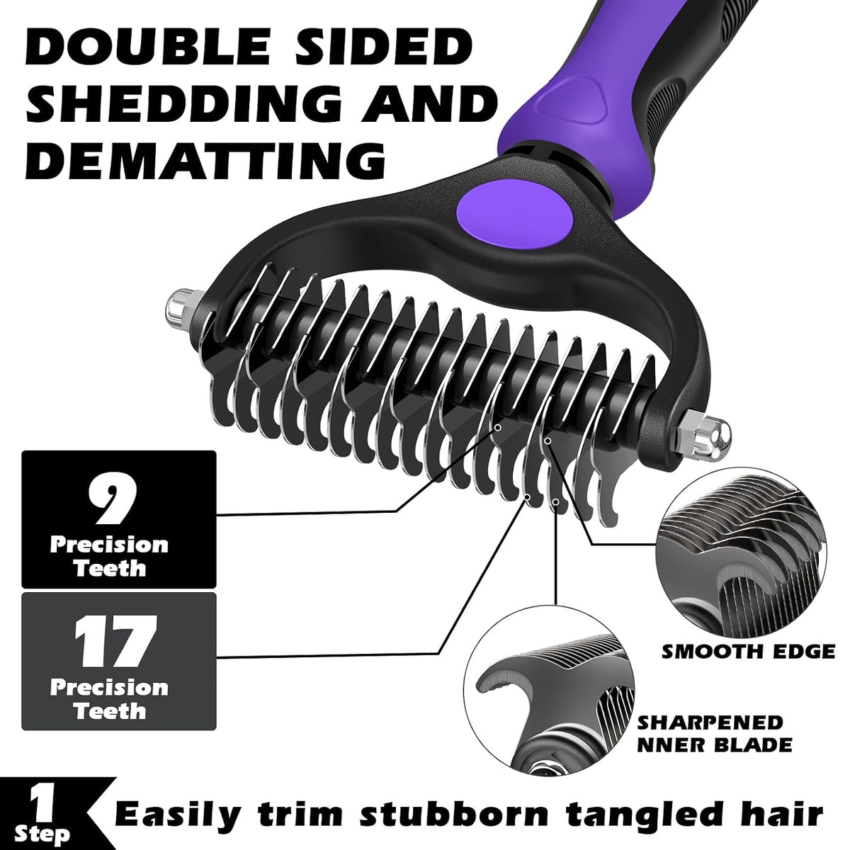 Professional 3PCS Self Cleaning Slicker Brush & Pet Grooming Rake & Flea Comb for Dogs,Cats and Horses | Double-Sided Dematting Comb & Skin Friendly Deshedding Grooming Tool | Pet Supplies (Purple)