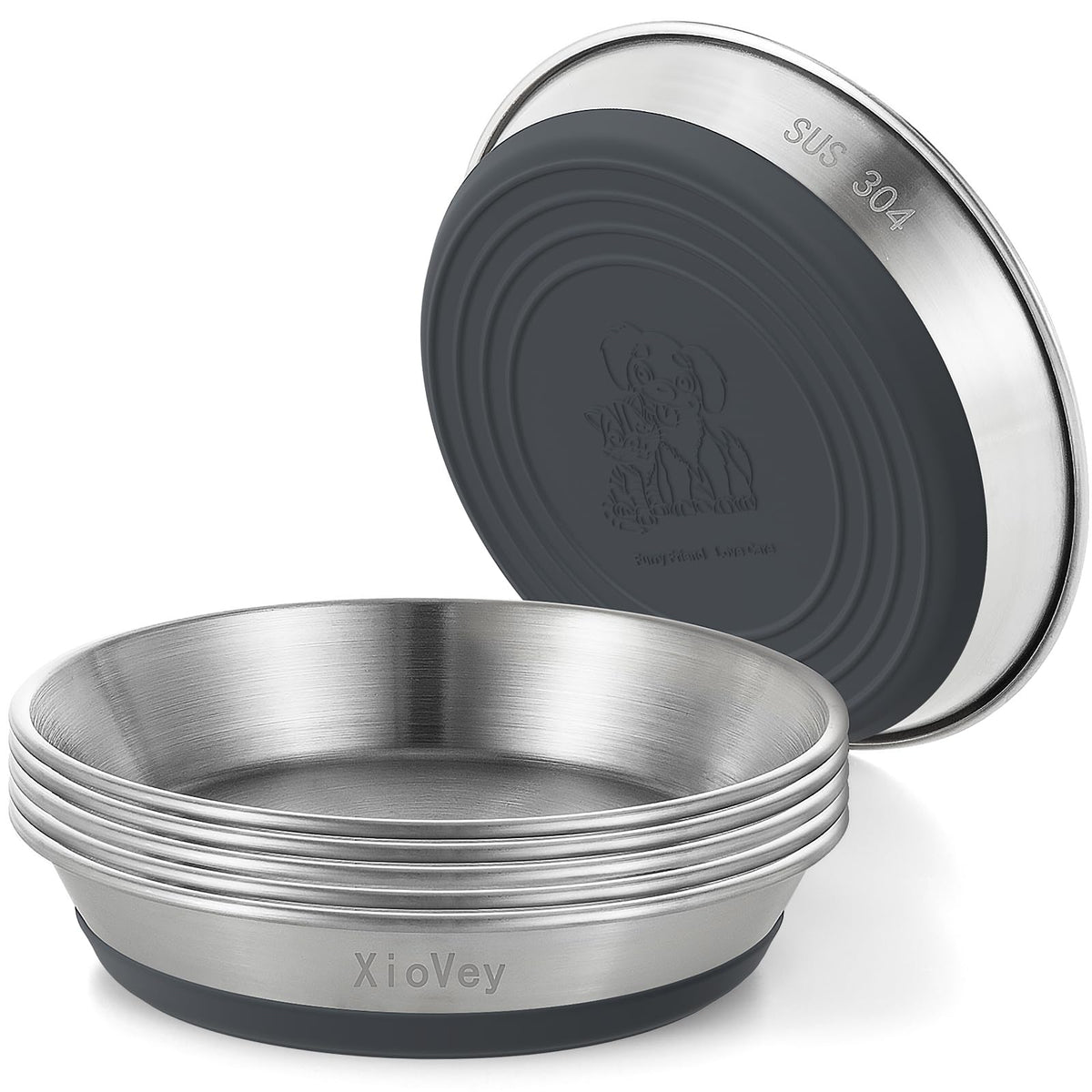 2 Pack Grey 304 Stainless Steel Shallow Whisker Fatigue Cat Bowls