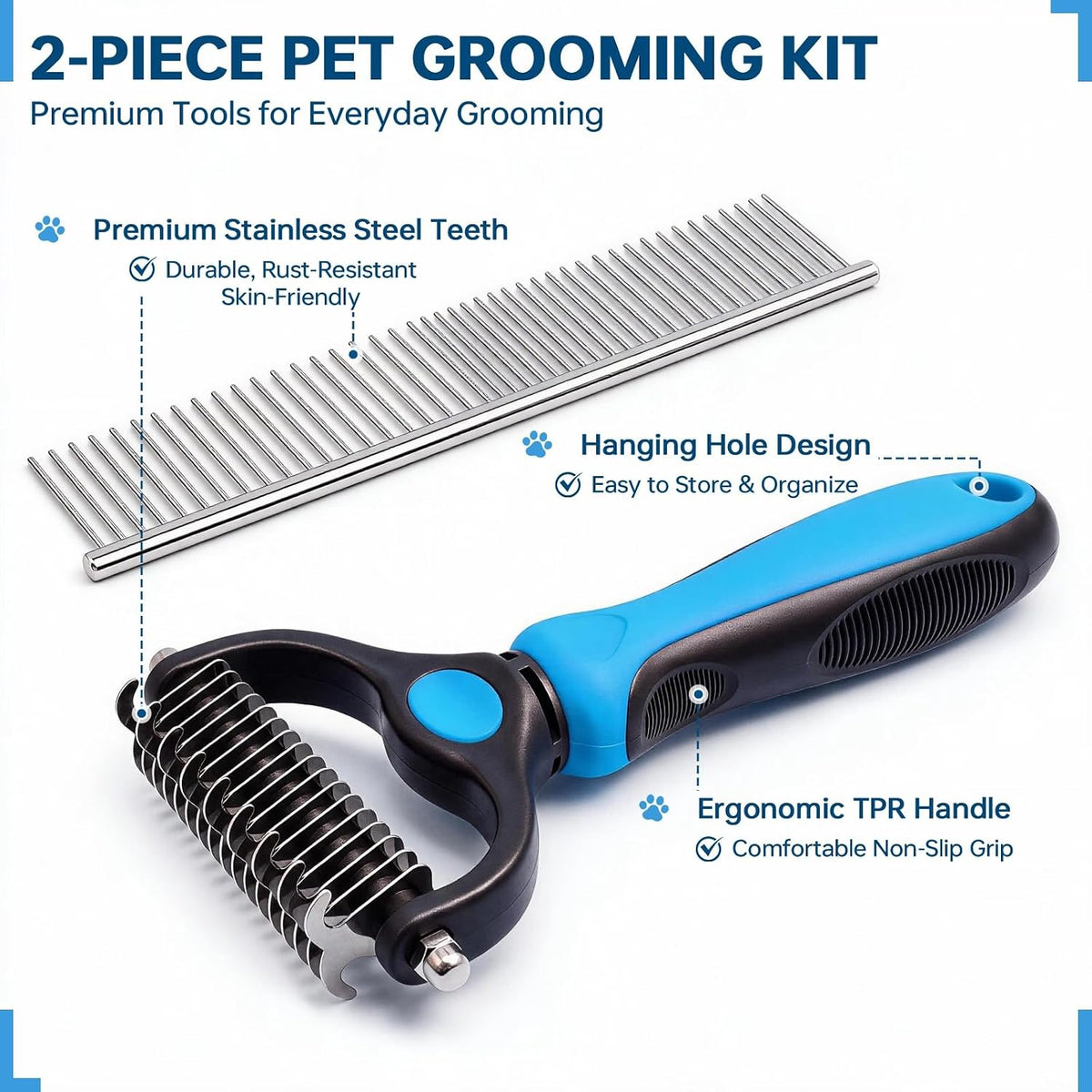 Pet Grooming Comb, Deshedding Dog Brush & Undercoat Rake, Blue