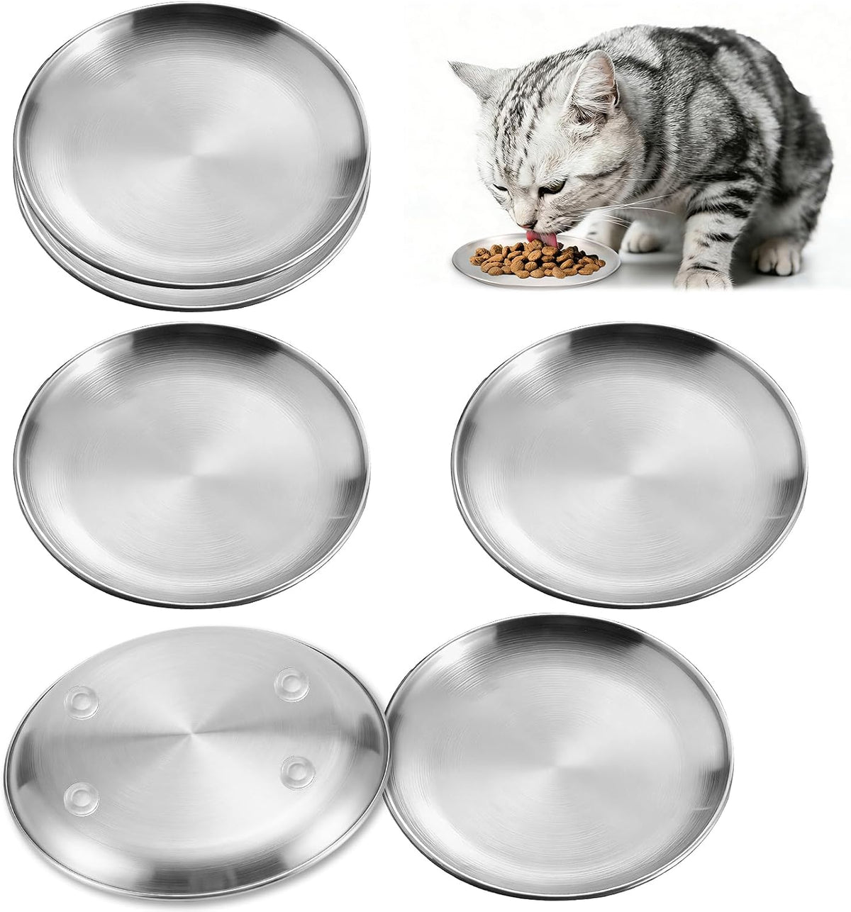 6-Pack Stainless Steel Cat Bowls, 5.5" Whisker Friendly Shallow Plates with Non-Slip Silicone Pads, Food Grade Metal Dishes for Fatigue Relief, Dishwasher Safe for Cats, Kittens