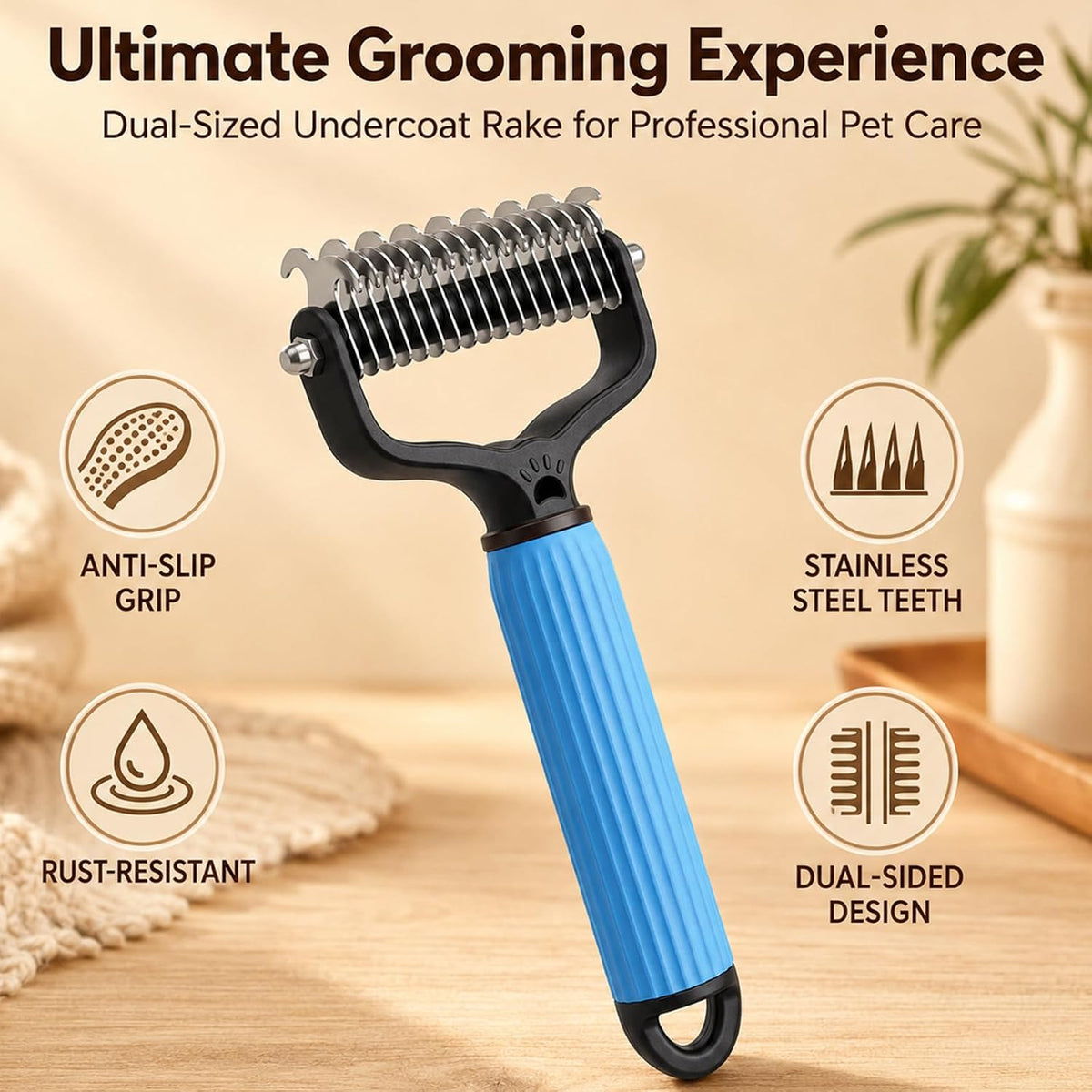 Pet Grooming Brush, Double-Sided Deshedding Dematting Tool for Dogs & Cats, Detangling Tool For Matted Fur, Ideal For Medium Or Long Haired Breeds (Blue)