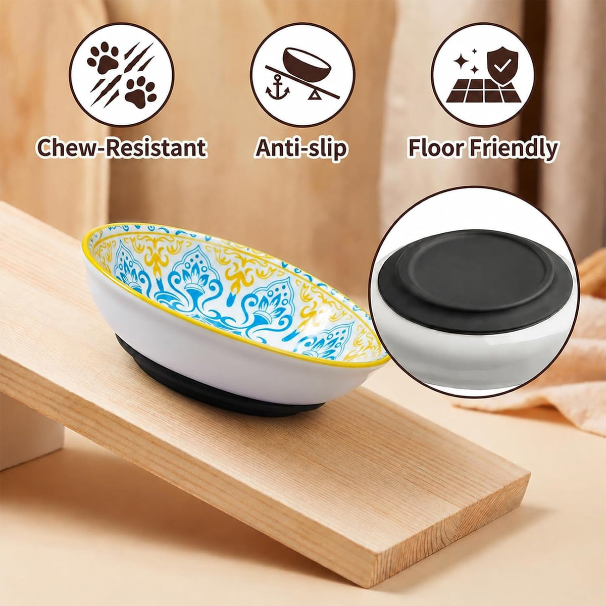 Ceramic Cat Food Bowls 6 Pack – Shallow Cat Bowl with Non-Slip Silicone Base, Whisker-Fatigue Dishes for Indoor Cats Puppy – Microwave Dishwasher Safe – 5.3 oz Cute Pet Plates for Wet Dry Food Water