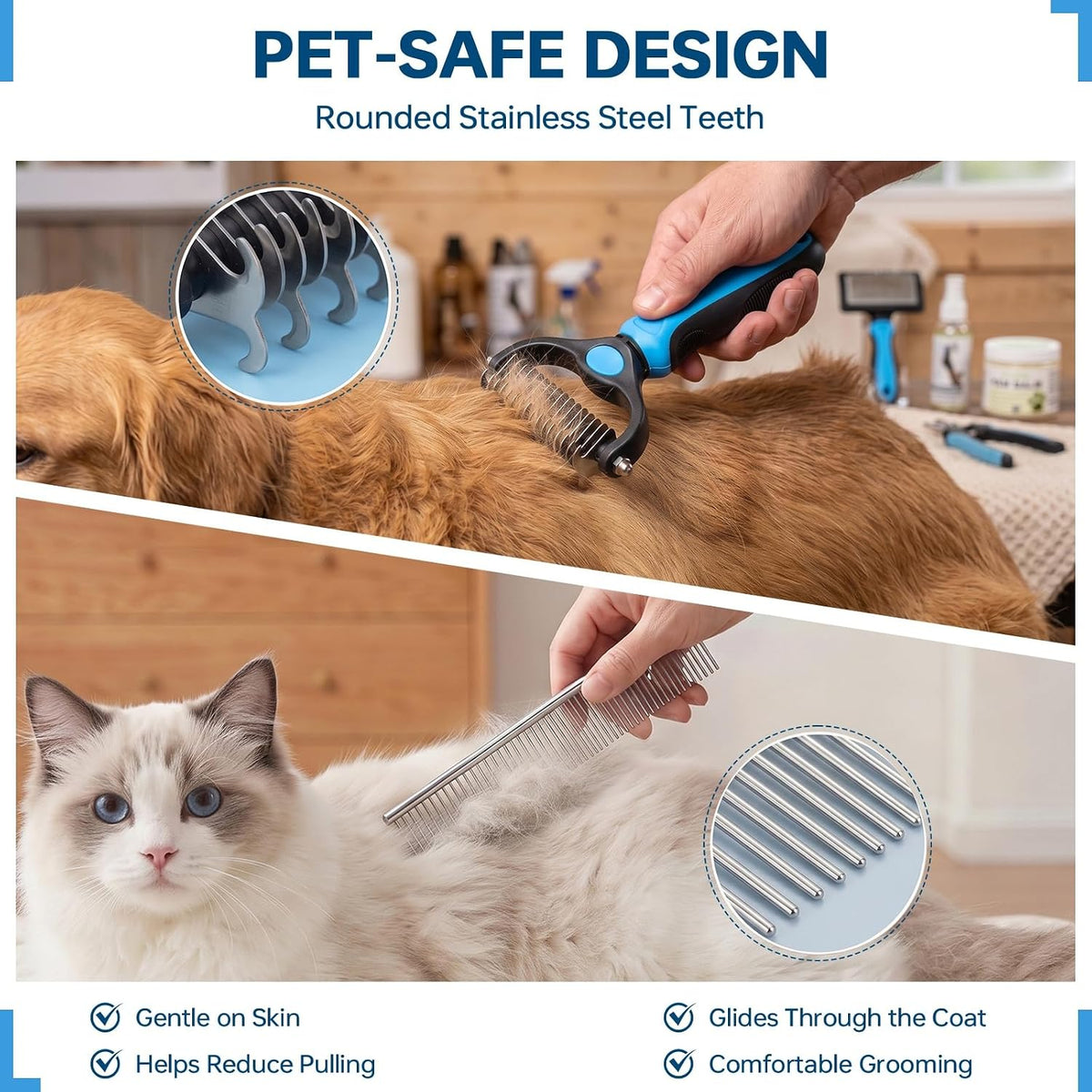Pet Grooming Comb, Deshedding Dog Brush & Undercoat Rake, Blue