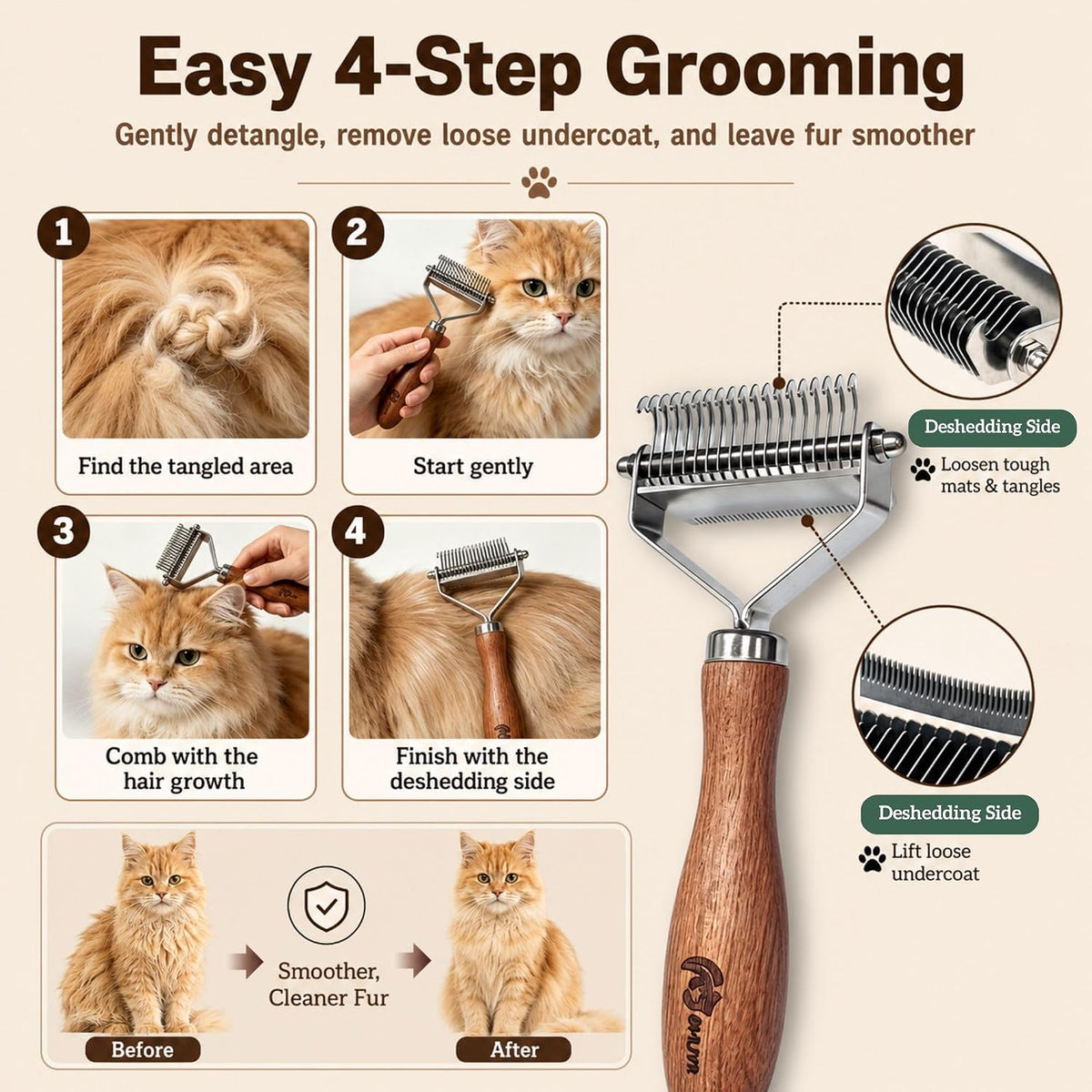 Cat Brush for Long Haired Cats, 2-in-1 Dematting & Deshedding Comb