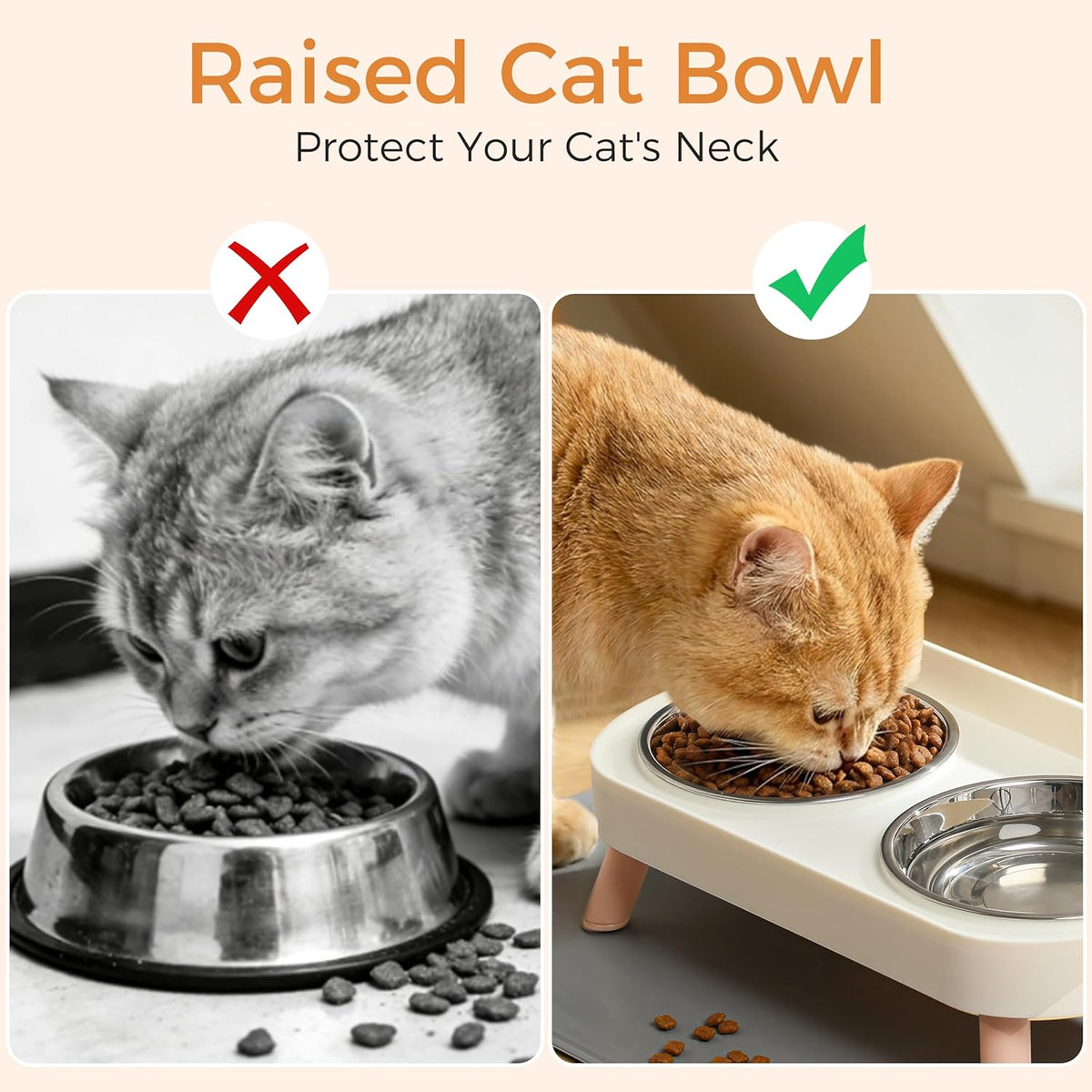 LoeJan Elevated Cat Bowls Set - Raised Cat Food and Water Bowl Set with Non Slip Stand - Pet Feeding Station with 2 Stainless Steel Bowls with Splash Proof Guard