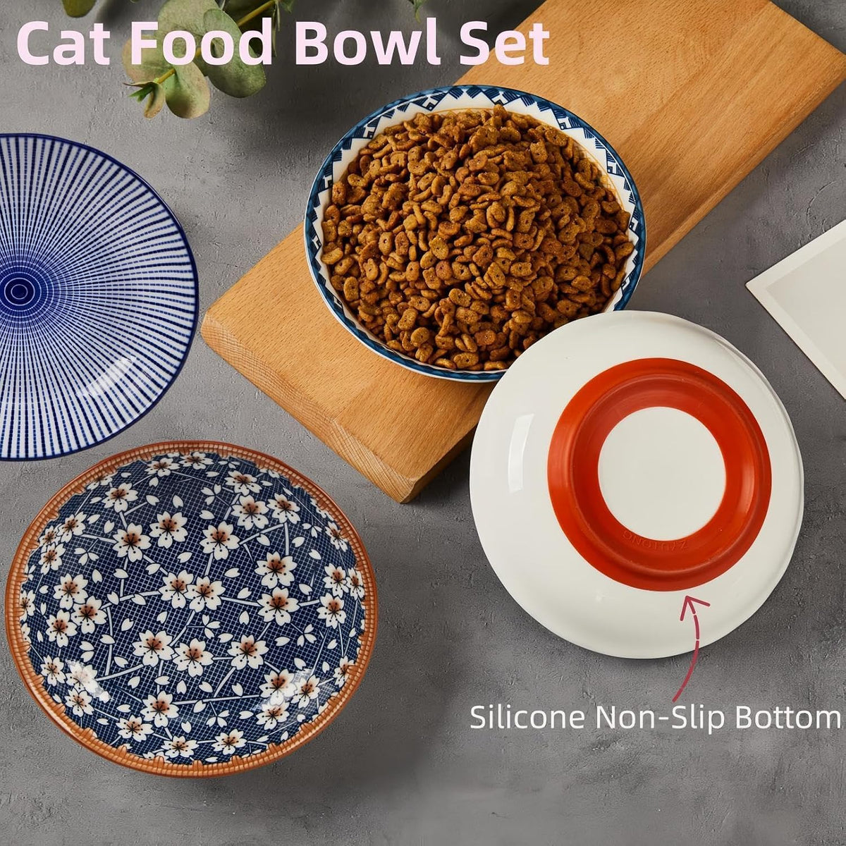 Whisker Fatigue Cat Bowl, Ceramic Cat Food Bowl Non-Slip, 3-Pack, 8oz, Boho