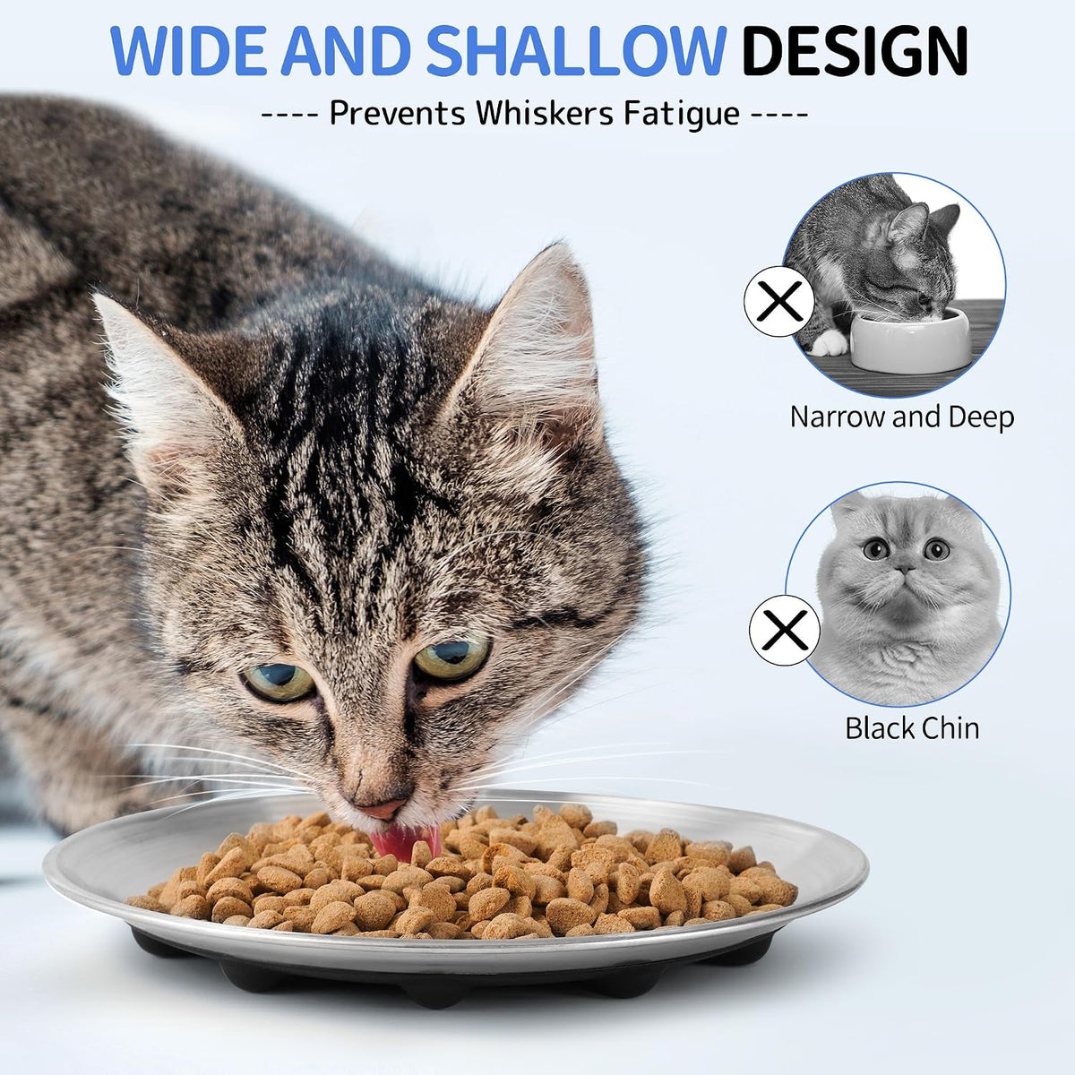 WROSWT 304 Stainless Steel Cat Plates for Wet Food, 6.7" Shallow/Wide Whisker Friendly Cats Food Bowls, Non-Slip Silicone Base,Easy to Clean Indoor Cat Feeding Dishes, 3 Pack