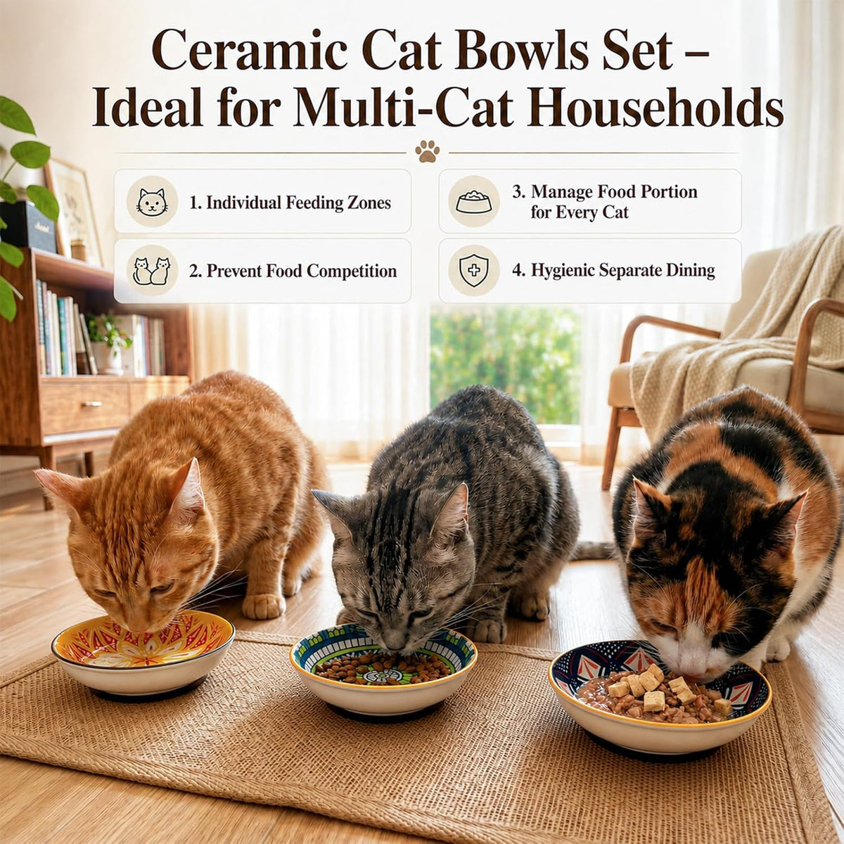 Ceramic Cat Food Bowls 6 Pack – Shallow Cat Bowl with Non-Slip Silicone Base, Whisker-Fatigue Dishes for Indoor Cats Puppy – Microwave Dishwasher Safe – 5.3 oz Cute Pet Plates for Wet Dry Food Water