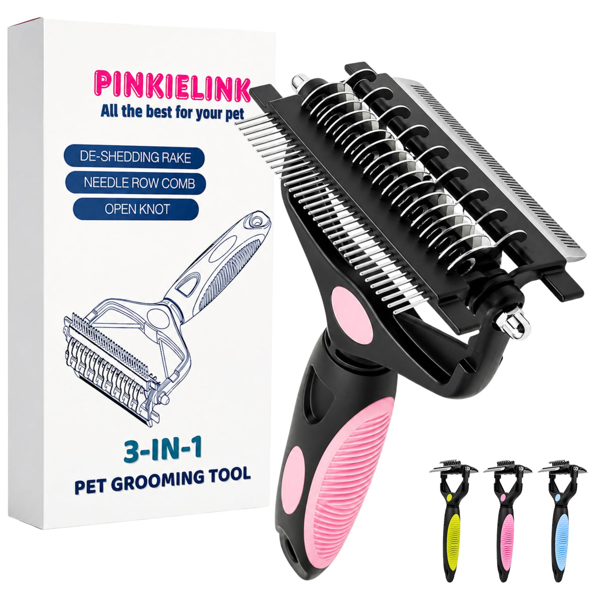 3-IN-1 Pet Grooming Tool - Undercoat Rake, Dematting Comb & Deshedding Brush for Cats, Dogs, Horses - Removes Mats, Tangles & Loose Fur, Reduces Shedding & Prevents Hair Mess (Blue)