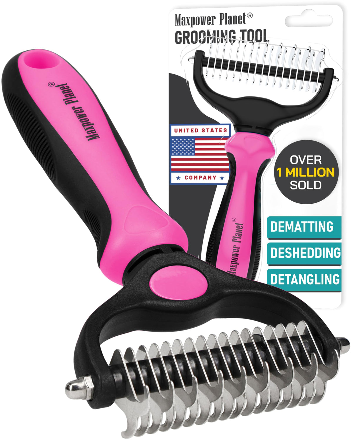 Maxpower Planet Pet Grooming Brush - Double Sided, Extra Wide for Dogs and Cats - Dematting Undercoat Rake, Reduces Shedding by 95%, Purple