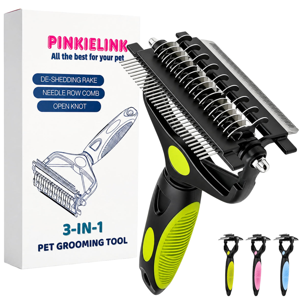 3-IN-1 Pet Grooming Tool - Undercoat Rake, Dematting Comb & Deshedding Brush for Cats, Dogs, Horses - Removes Mats, Tangles & Loose Fur, Reduces Shedding & Prevents Hair Mess (Blue)