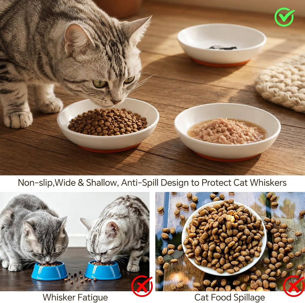 Ceramic Cat Bowls Whisker Friendly, Whisker Fatigue Cat Bowl Shallow & Wide