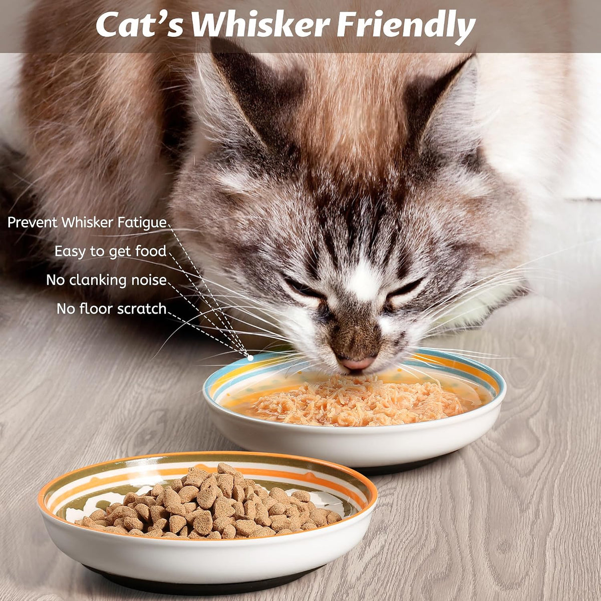 Non-Slip Cat Bowls, Ceramic Cat Food Bowl Set with Silicone Base, Cats Dishes, Cute Plates for Feeding Indoor Cats, Kitten, Small Dogs (Multi, Deeper)