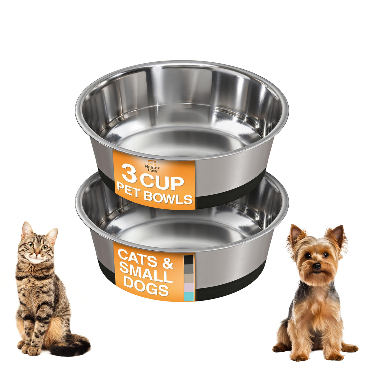 Neater Pet Brands Stainless Steel Dog Bowls with Non-Slip Rubber Bottom – 2 Cup (16 oz), Black - Set of 2 Heavy Duty Metal Dog Bowls, Dishwasher Safe, Food or Water Bowl, Ideal for Small Dogs & Cats