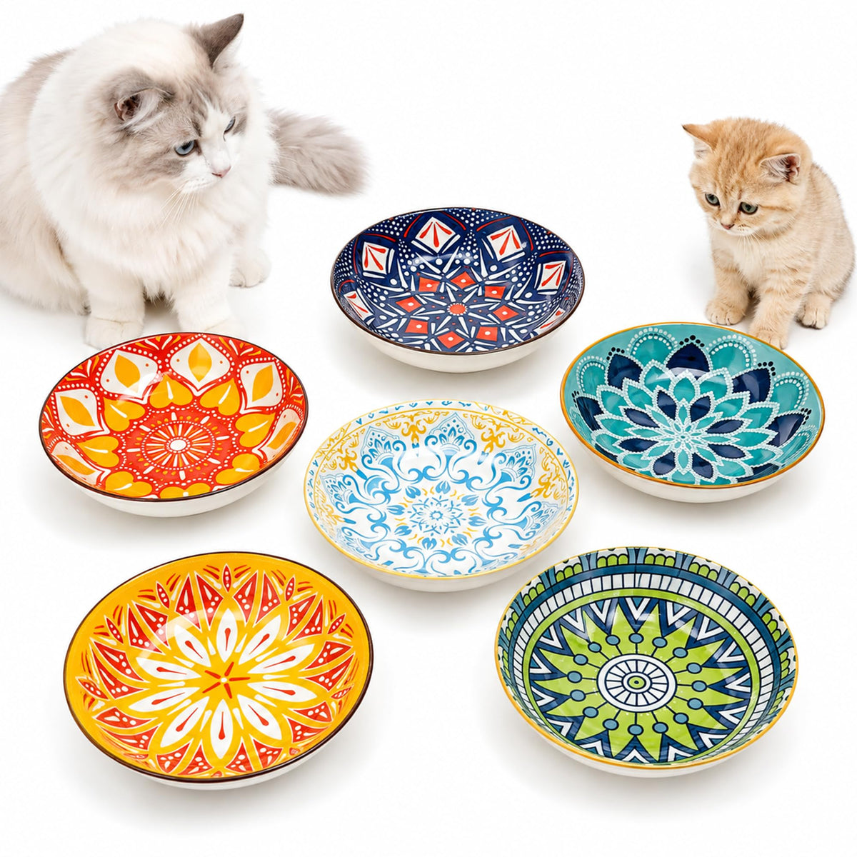 Ceramic Cat Food Bowls 6 Pack – Shallow Cat Bowl with Non-Slip Silicone Base, Whisker-Fatigue Dishes for Indoor Cats Puppy – Microwave Dishwasher Safe – 5.3 oz Cute Pet Plates for Wet Dry Food Water