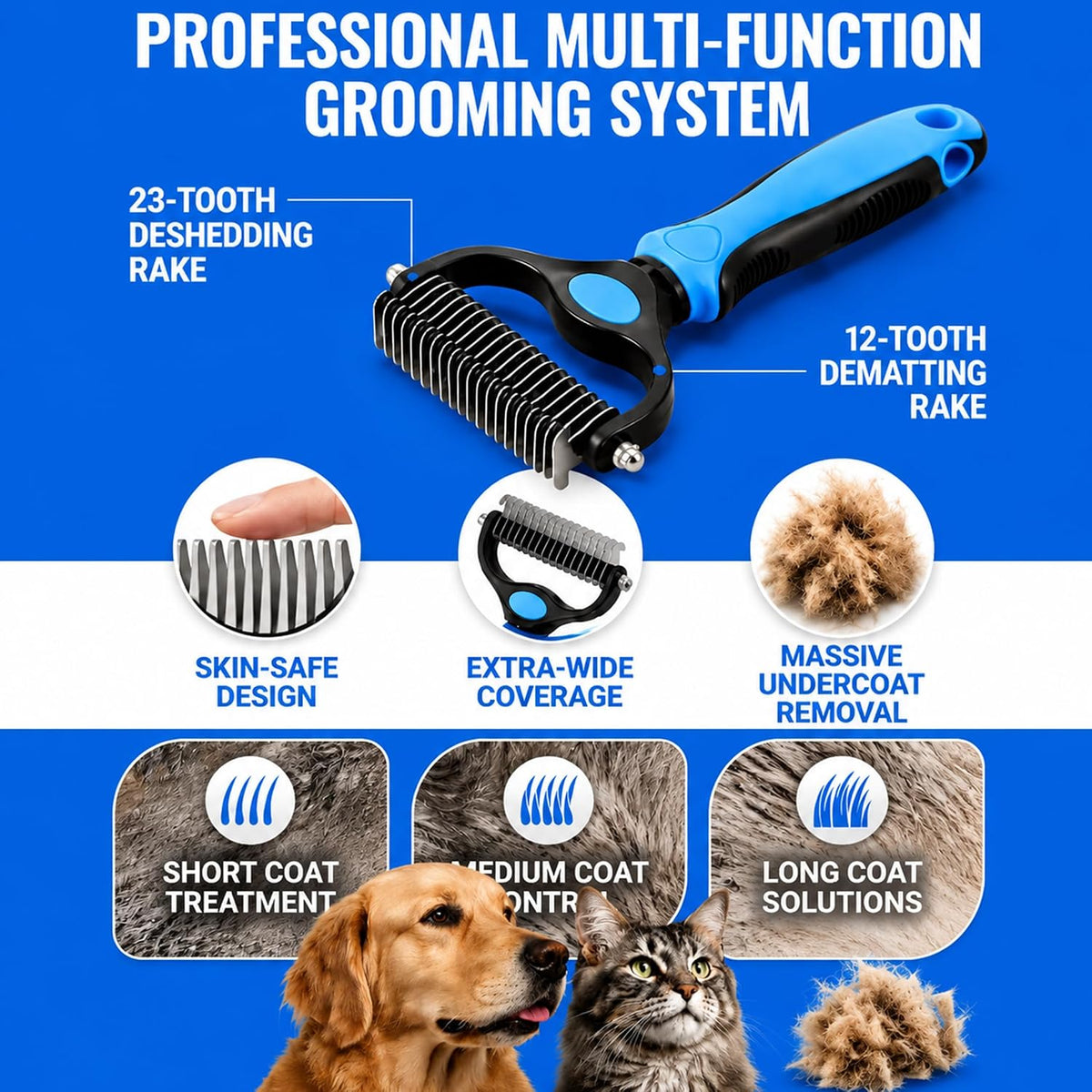 2-in-1 Double-Sided Pet Grooming Comb for Dogs & Cats - Deshedding Brush & Rounded-Tooth Dematting Tool | Painlessly Removes Knots, Tangles, Loose Undercoat & Fur in Thick/Long Coats (Blue-Large)