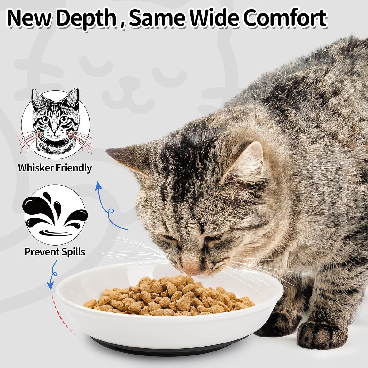 Cat Food Bowls, Whisker Friendly Ceramic Cats Bowls with Nonslip Silicone Base, Pack of 3 Quiet Dishes and Plates for Feeding Indoor Cats, Kittens and Small Dogs(Fishbone,Deeper)