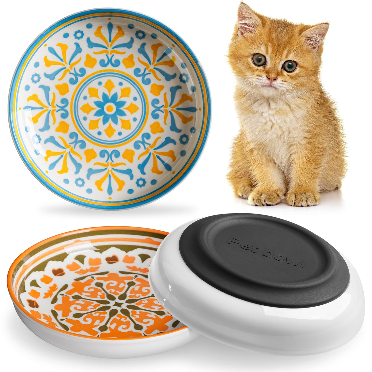 Non-Slip Cat Bowls, Ceramic Cat Food Bowl Set with Silicone Base, Cats Dishes, Cute Plates for Feeding Indoor Cats, Kitten, Small Dogs (Multi, Deeper)