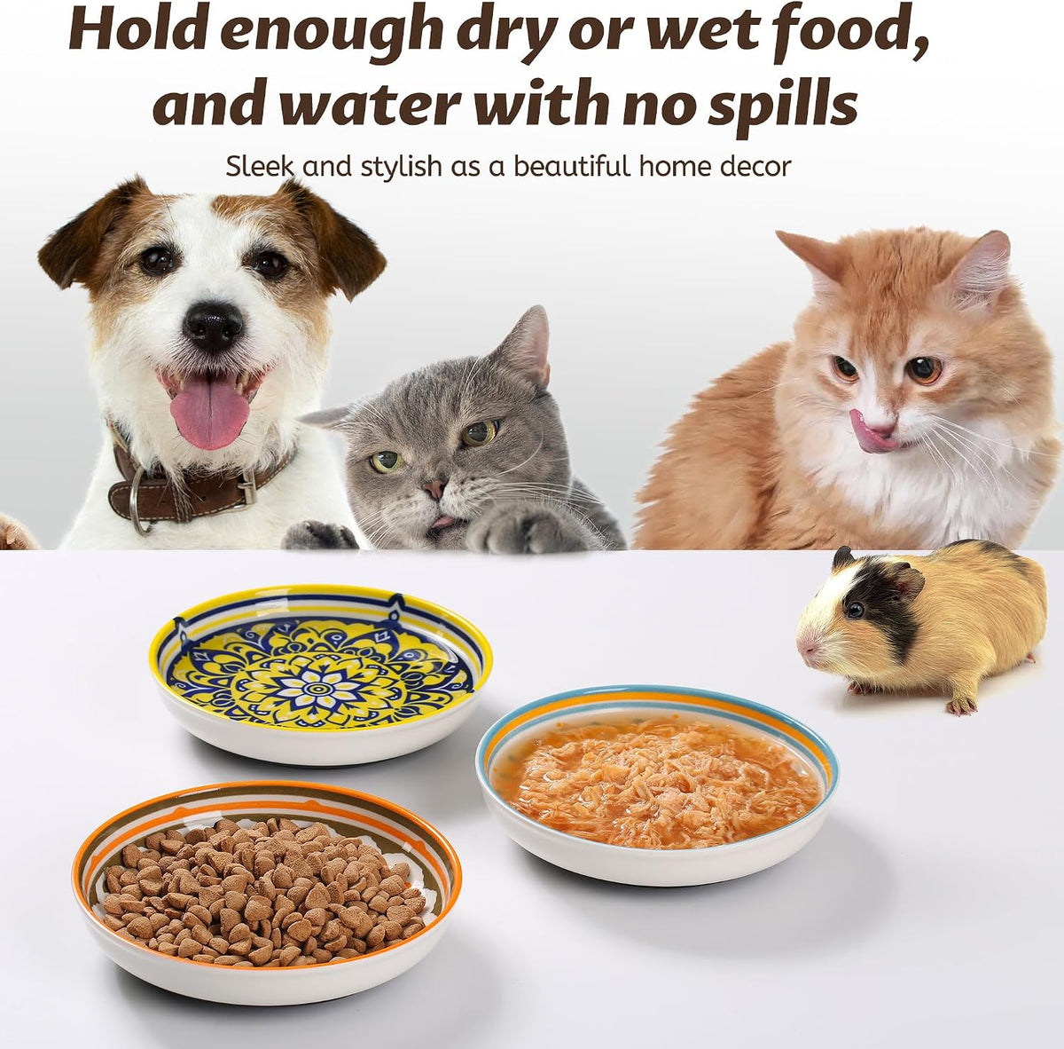 Non-Slip Cat Bowls, Ceramic Cat Food Bowl Set with Silicone Base, Cats Dishes, Cute Plates for Feeding Indoor Cats, Kitten, Small Dogs (Multi, Deeper)