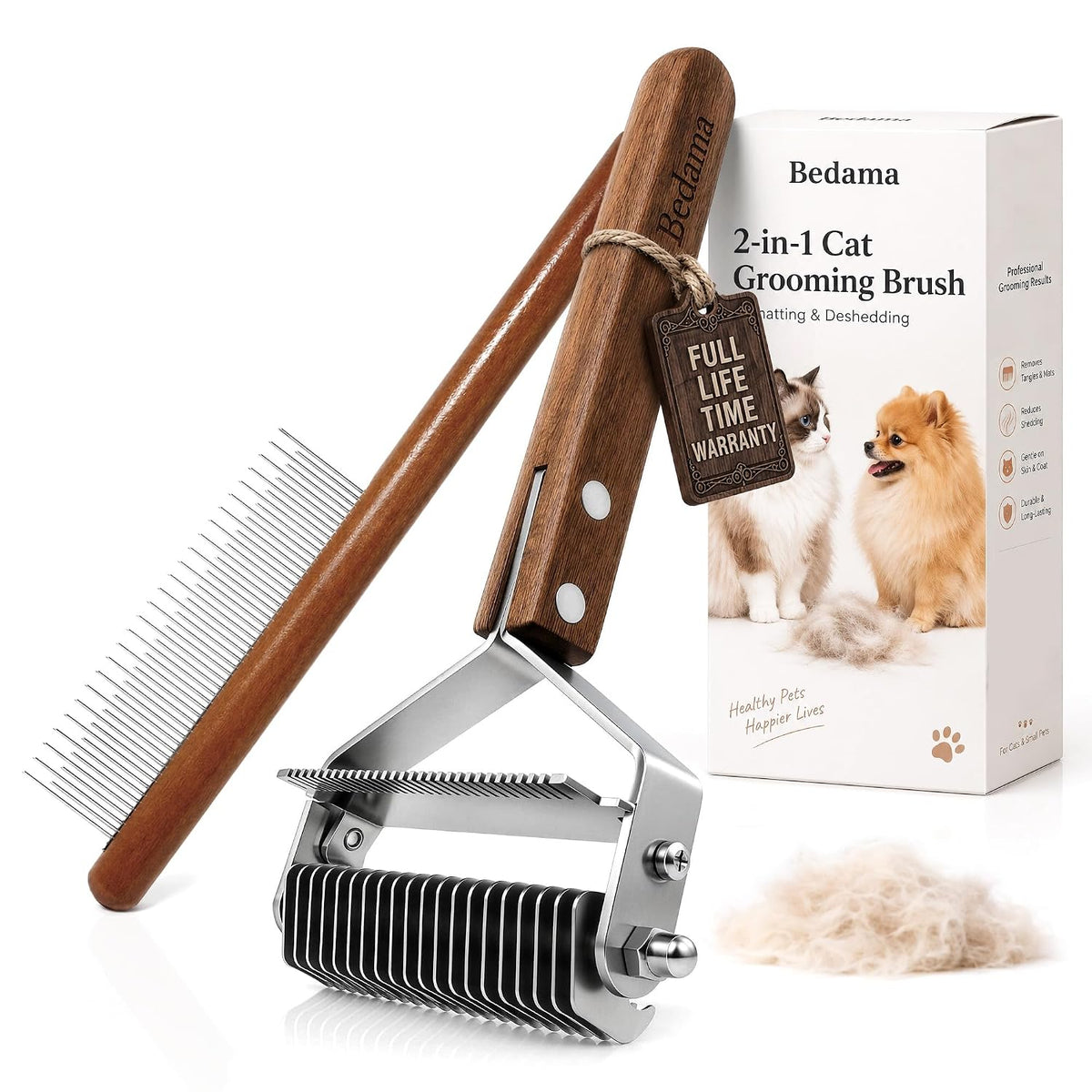 2-in-1 Deshedding & Dematting Cat Brush for Long Haired Cats