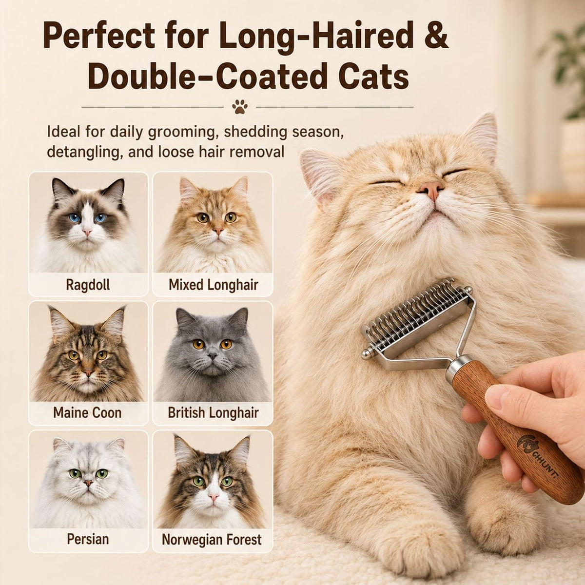 Cat Brush for Long Haired Cats, 2-in-1 Dematting & Deshedding Comb